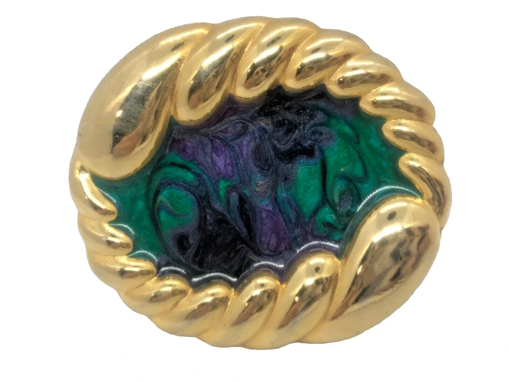 Nan Lewis Belt Buckle Green Purple Enamel Gold-Tone Vintage 3